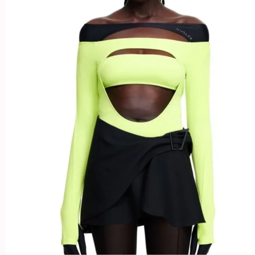 Mugler Neon Yellow and Black Cutout Long Sleeve Bodysuit